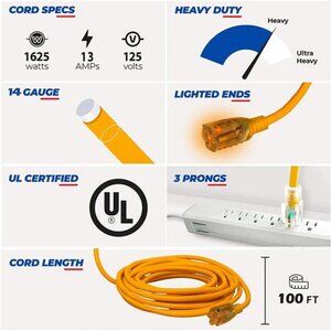 100 ft Power Extension Cord Heavy Duty 14 Gauge/3 Prong SJTW (Black)